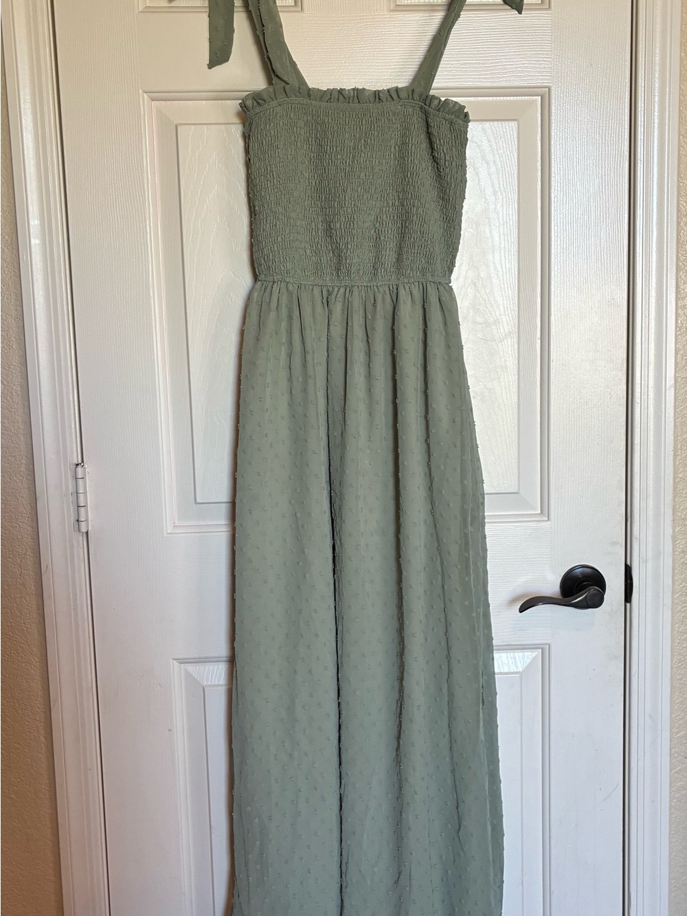 Smocked Sage Green Lined Maxi Dress with Tie Straps Side Slit
